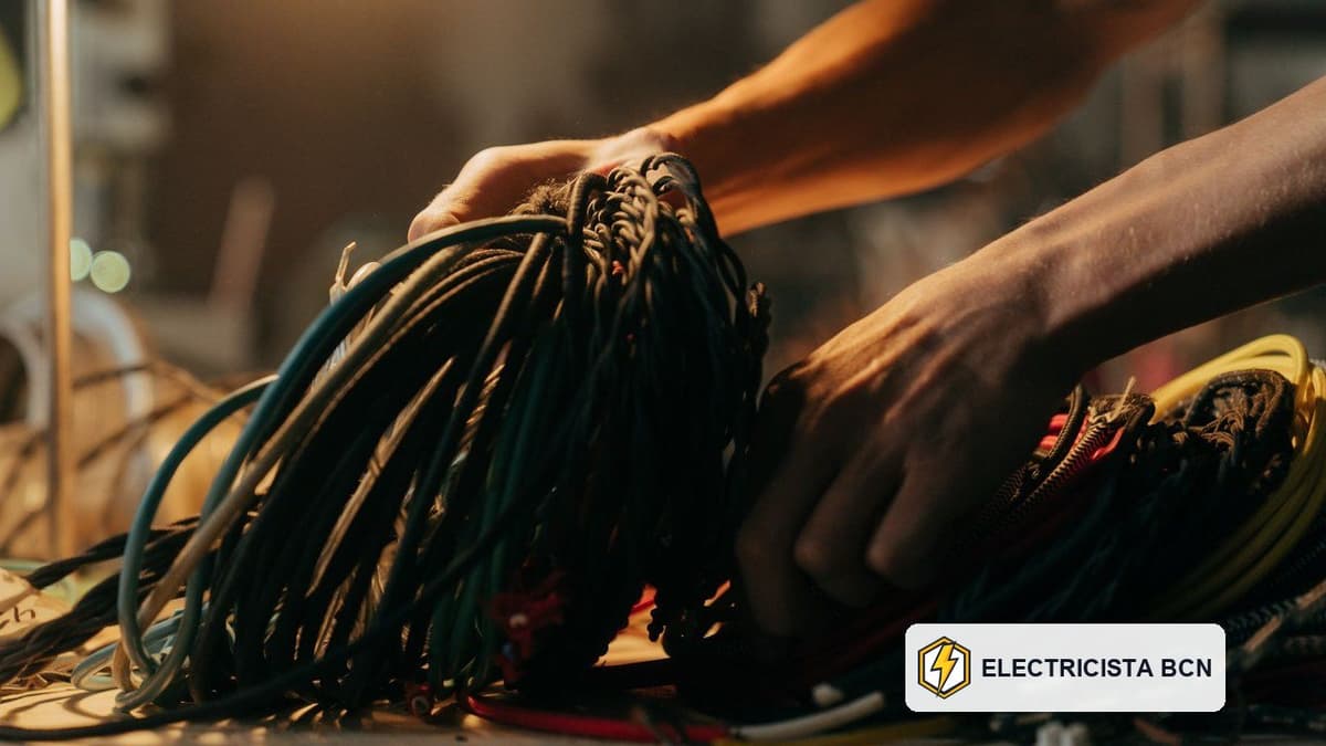 Manos organizando varios cables eléctricos aislados