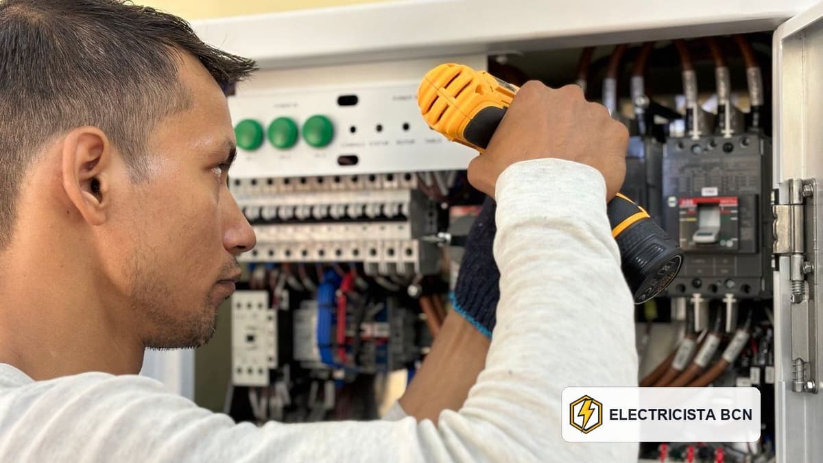 Electricista trabajando en un cuadro europeo de carril DIN