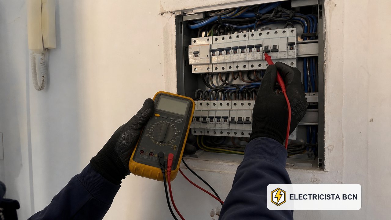 Electricista autorizado realizando mediciones en un cuadro eléctrico de Barcelona