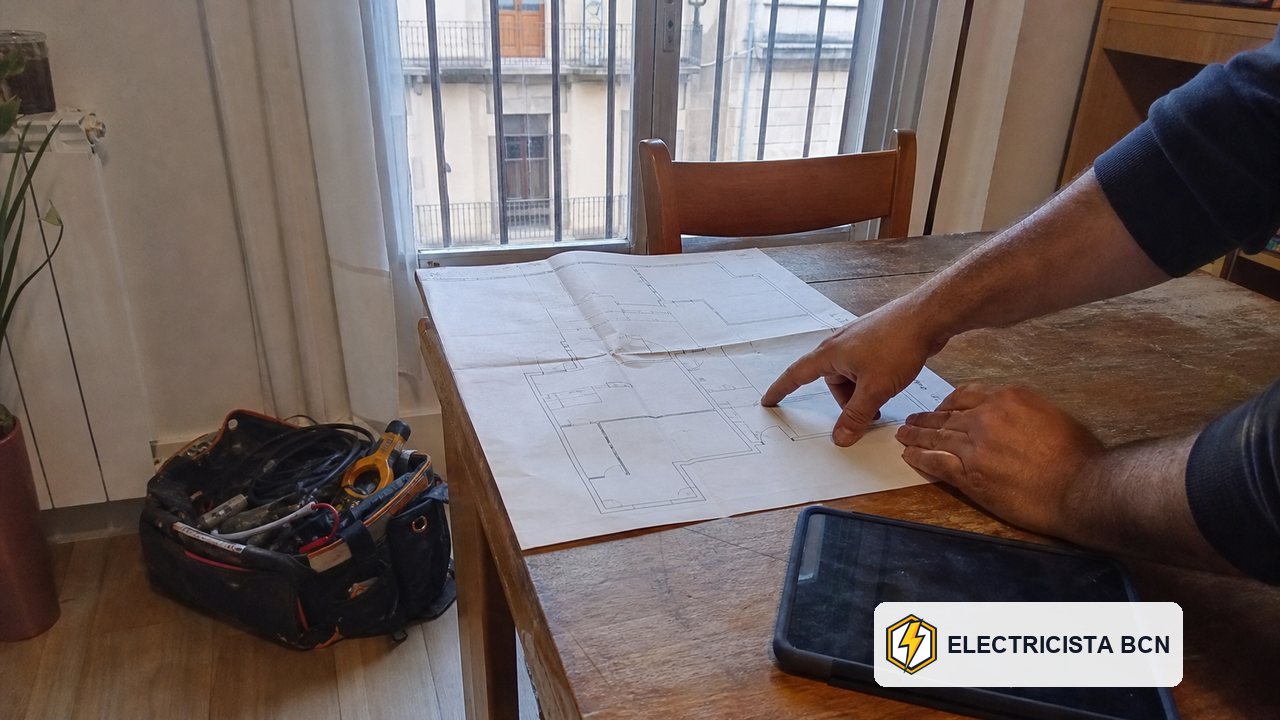 Electricista revisando el plano y el alcance de una instalación en Barcelona